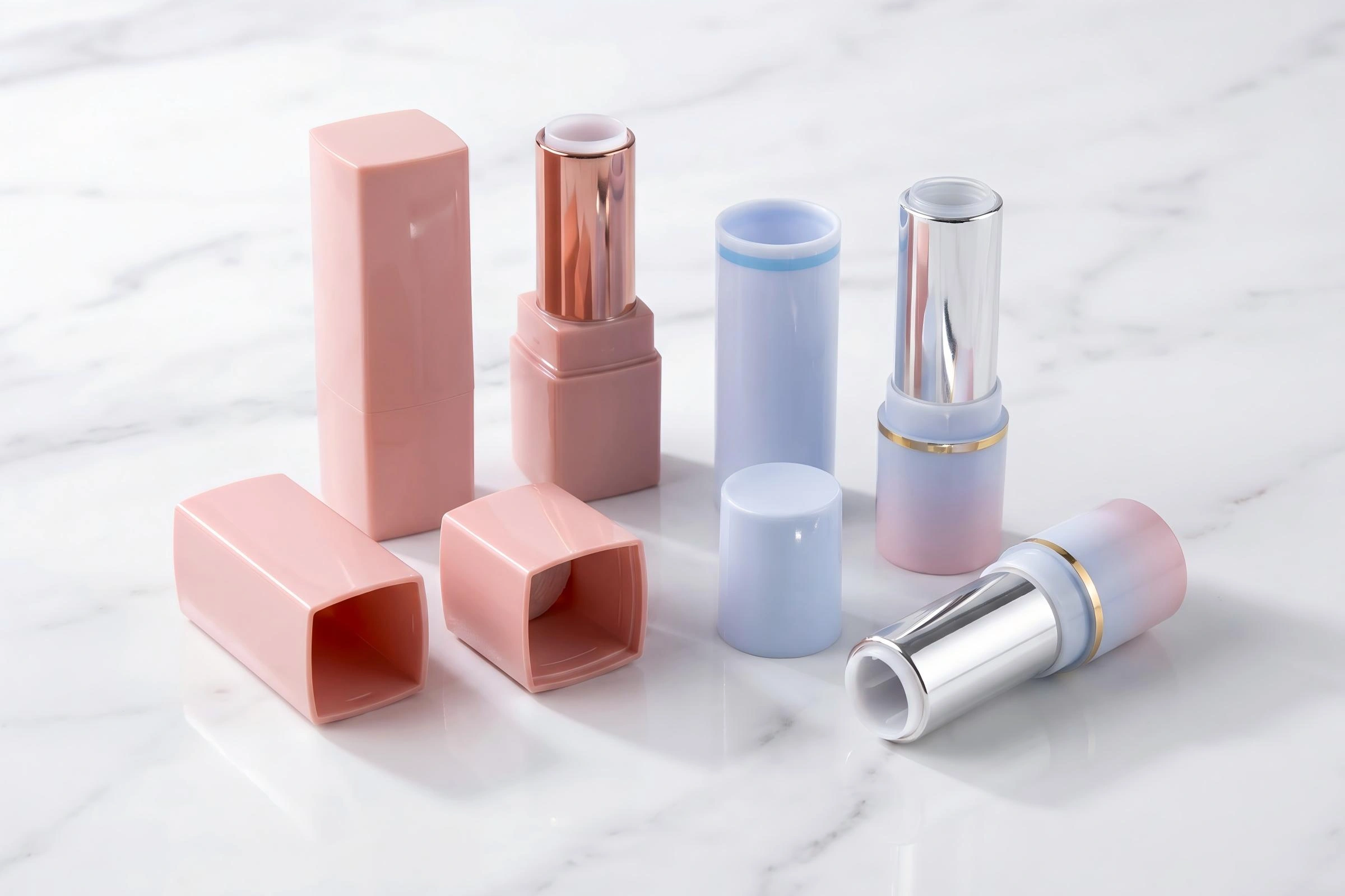 Exploded view of a PCR lipstick tube showing a matte PCR ABS shell and cap, an off-white POM inner mechanism core with bead fork and spiral, and an aluminum decorative ring arranged as separate floating parts