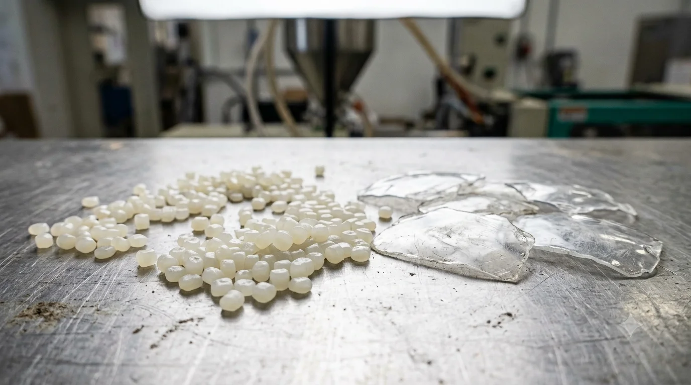 PCR recycled pellets and bottle flakes side by side, injection molding machine hopper blurred in background