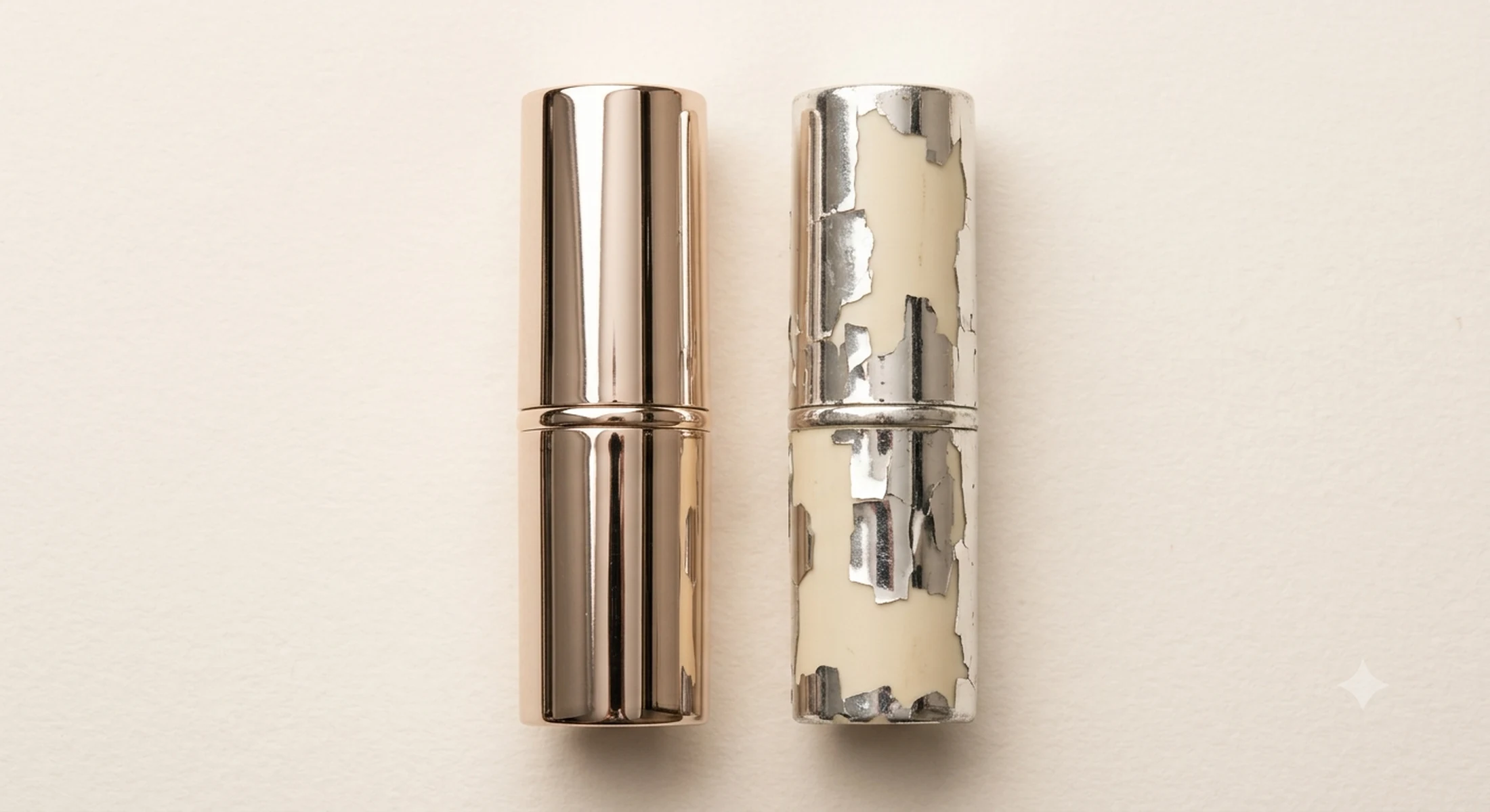 Comparison of defects on electroplated lipstick tube outer shells: the left side shows a normal part with a complete bright chromium layer and clean base tone, while the right side shows a peeling part with the chromium layer flaking off in patches and exposing the ABS substrate