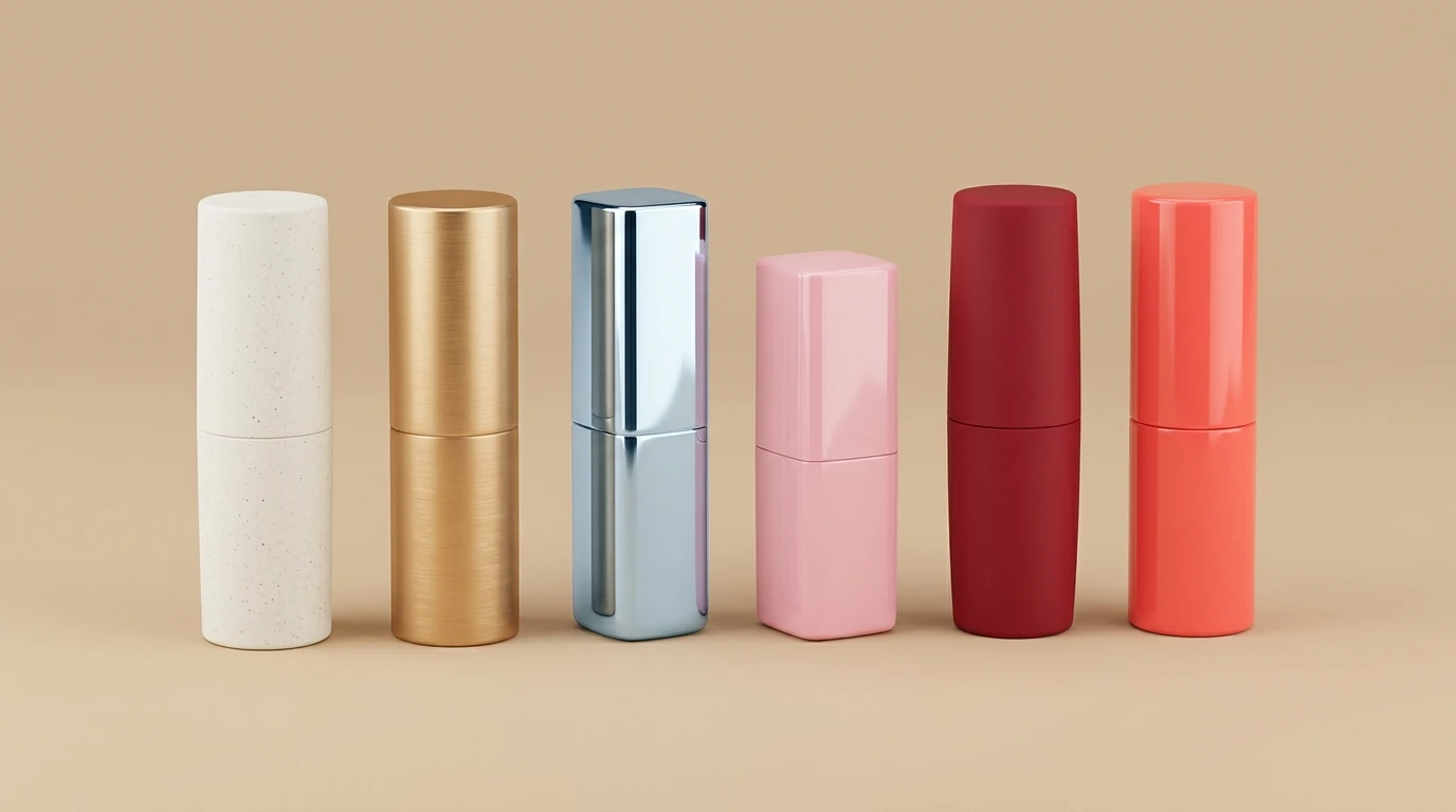 Six lipstick tubes in various materials arranged in a row: matte PCR white tube, brushed gold aluminum-plastic tube, chrome-plated ABS tube, soft pink compact tube, classic red matte tube, and bright coral tube, reflecting global packaging preferences across different markets