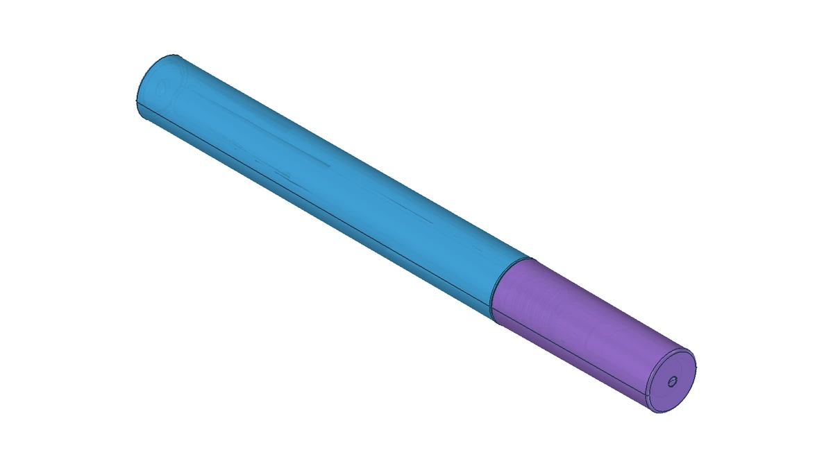 Closed YR7096A-style lip gloss tube assembly rendered from the supplied CAD, with a blue bottle and purple outer cap