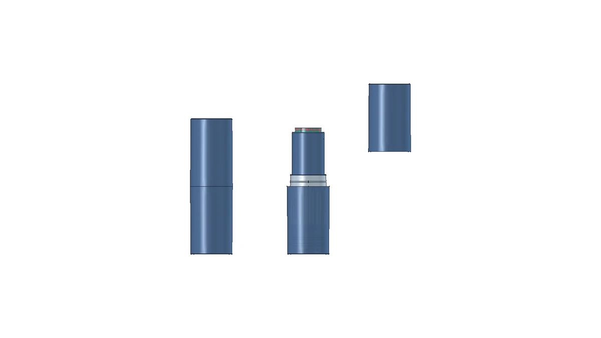 YR1022 lipstick tube shown closed, open, and with the cap removed, based on the customer's 3D model