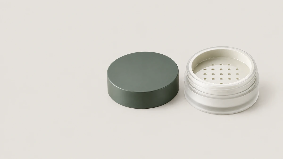 An open loose powder jar showing the jar body, separate sifter component, e removed cap per evaluating sack-packaging personalizzaaization