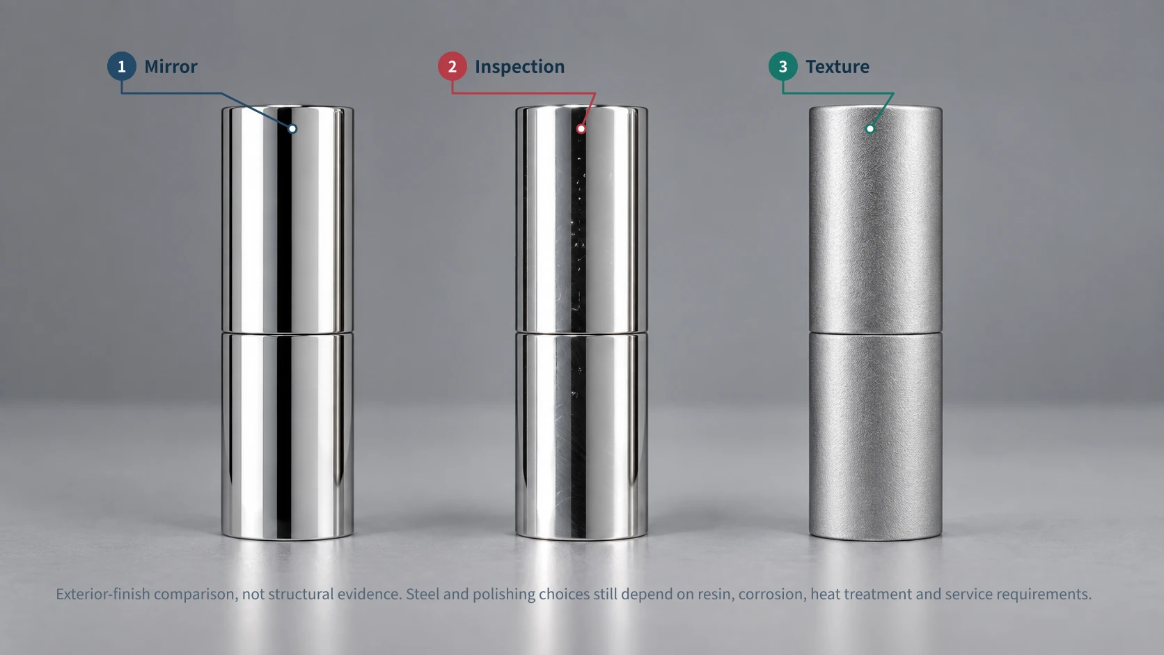 Comparison of mirror, defect-inspection lighting, and fine-texture finishes on the same cylindrical lipstick tube