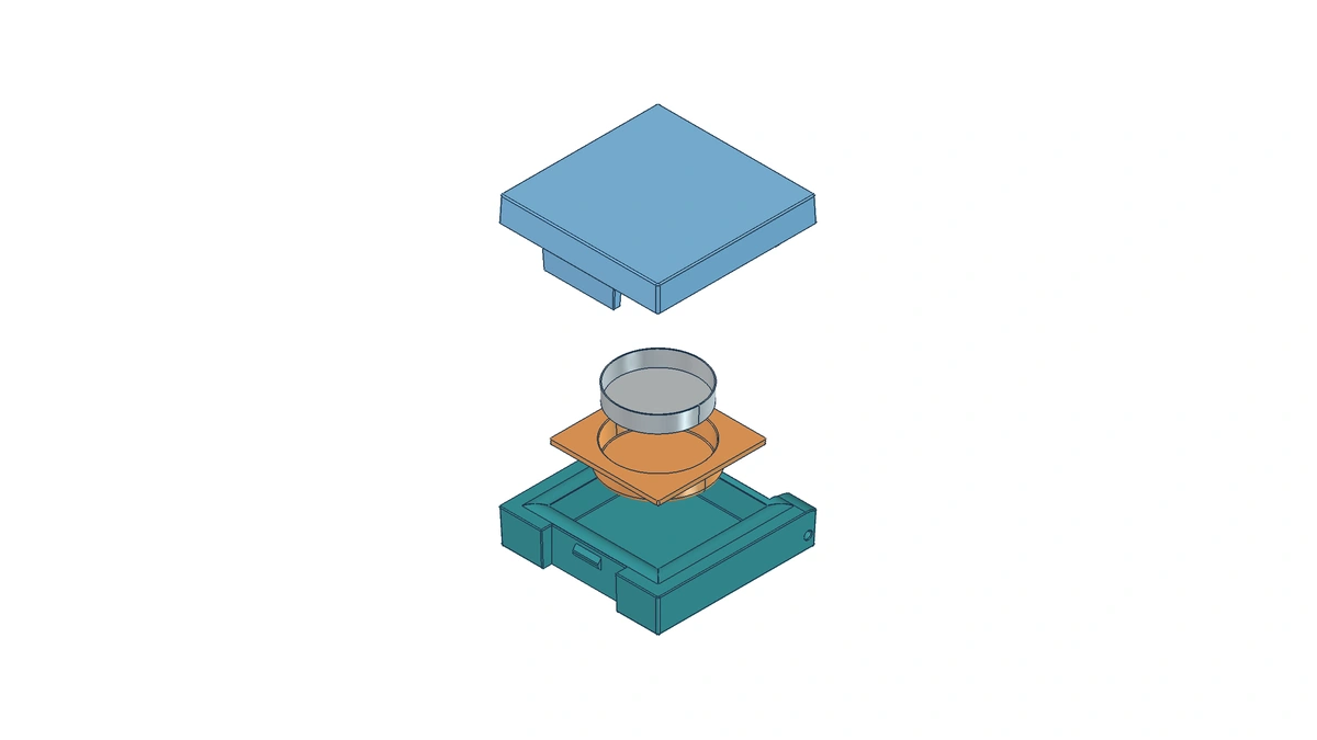 Exploded view of a compact powder case showing the lid, aluminum pan, insert, and base shell