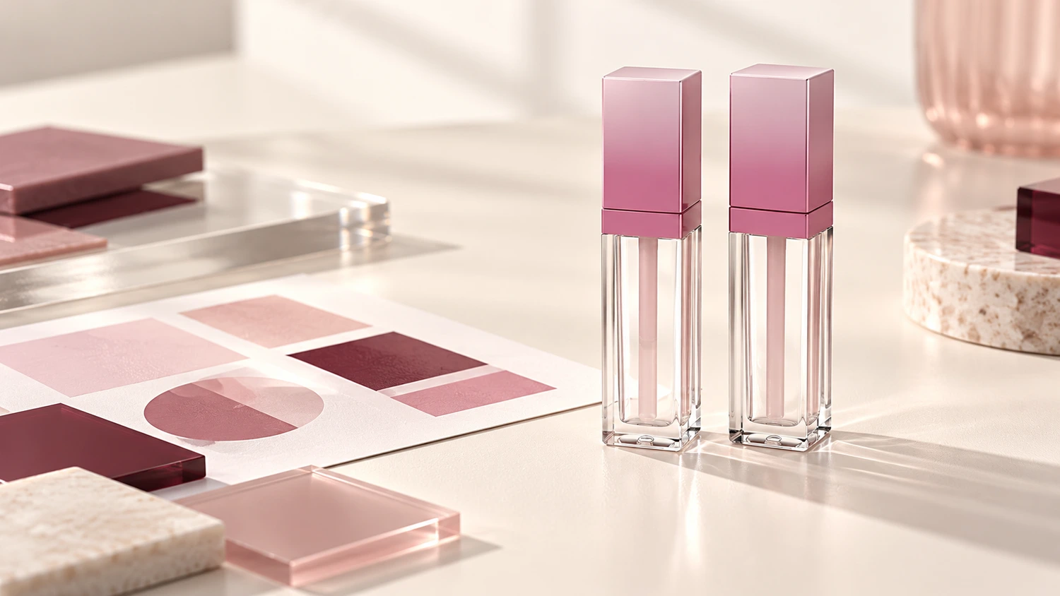 Lip gloss tube samples and color artwork on a packaging development desk