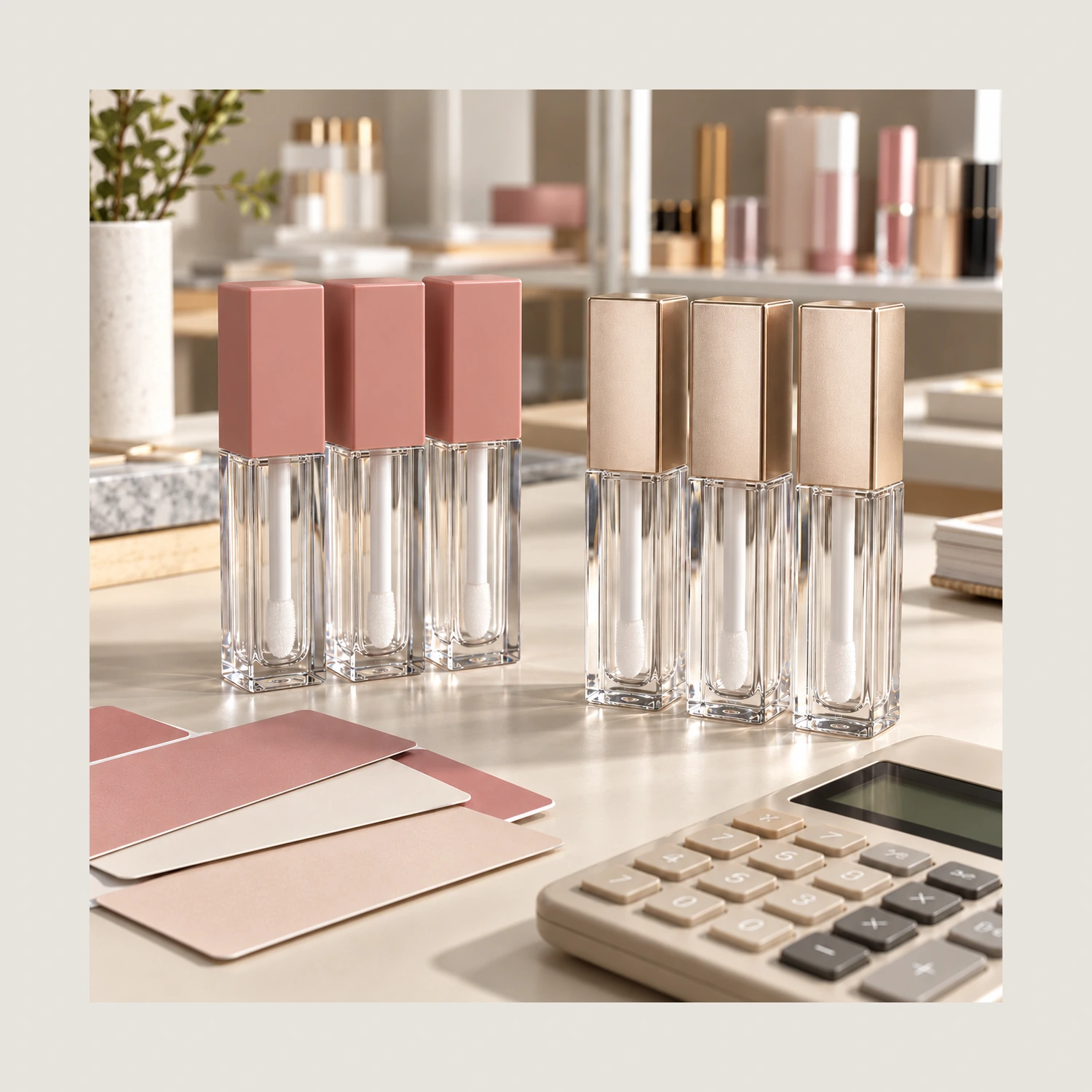 Lip gloss packaging options beside a cost calculator