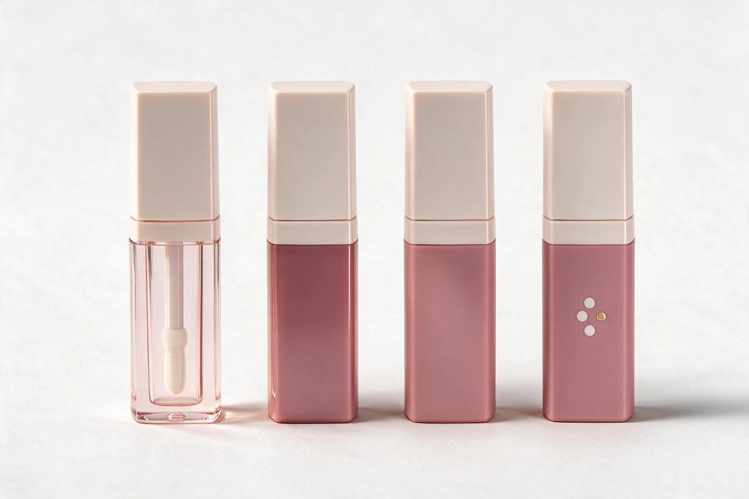 Same-shape lip gloss tubes comparing transparent color, opaque gloss, matte finish, and local decoration