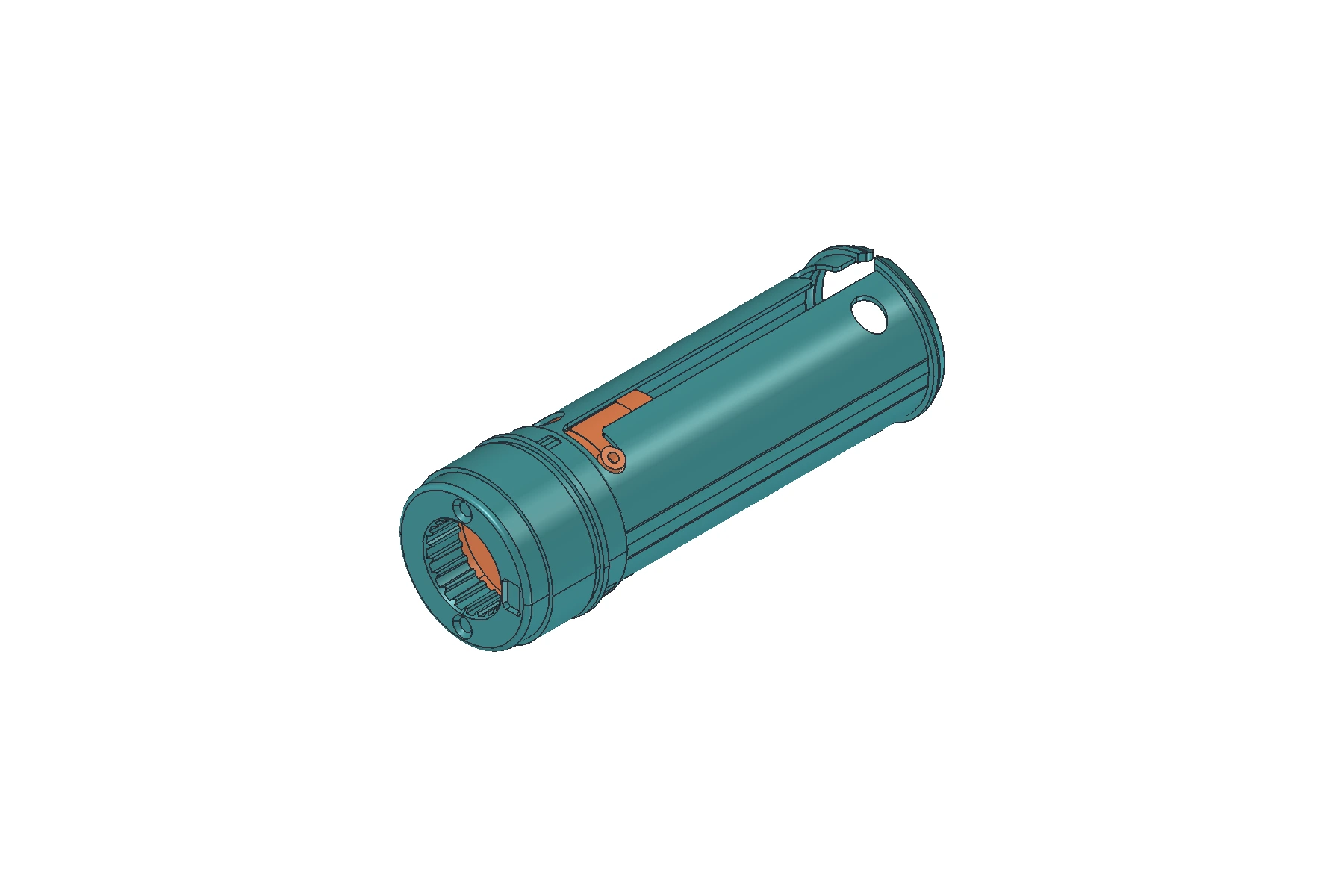 Close-up of the orange cup pin passing through the teal guide sleeve's straight slot with the outer spiral sleeve hidden
