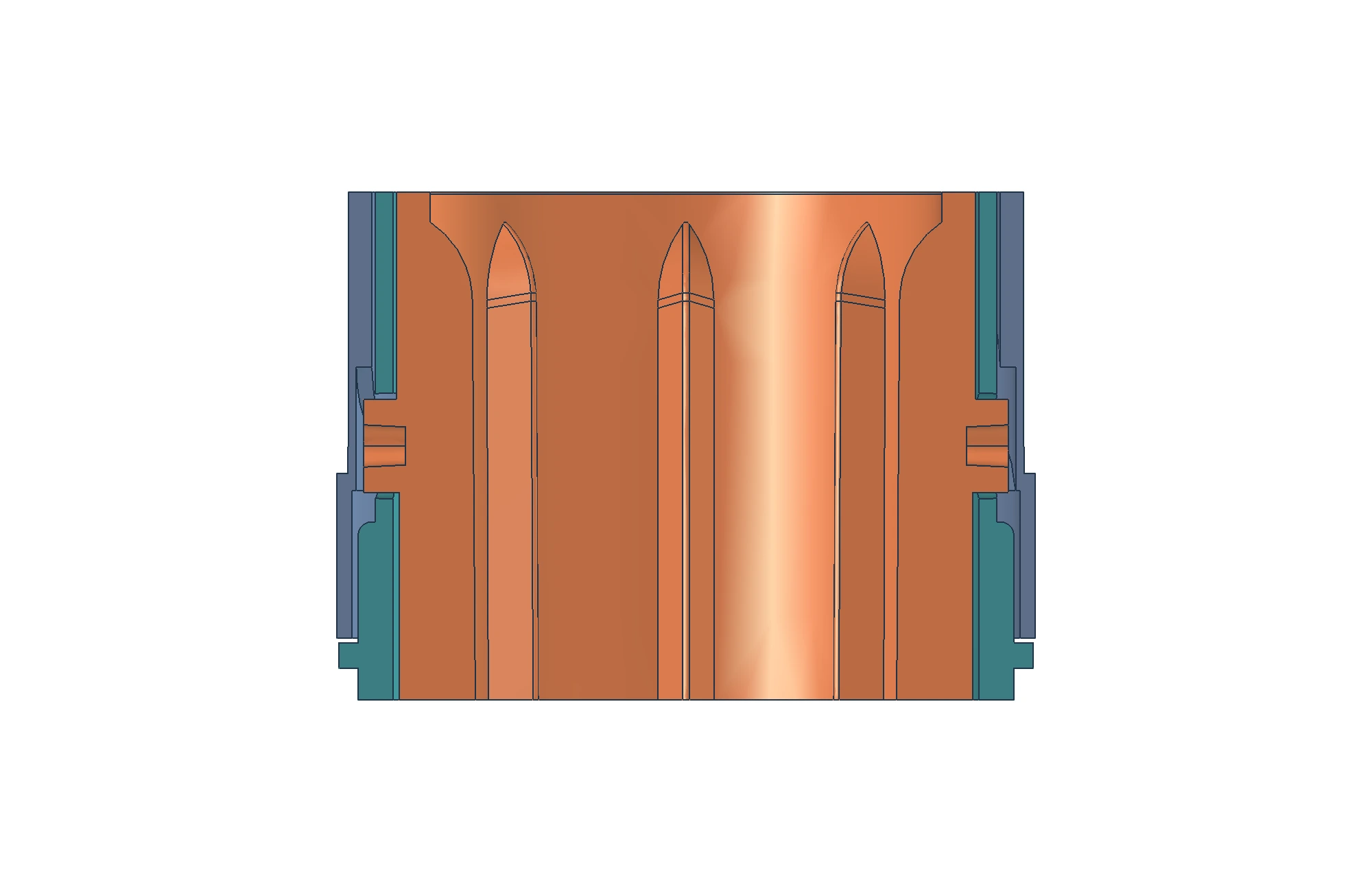 Local cutaway through the cup pins showing the fit between the orange cup, teal guide sleeve, and blue spiral sleeve