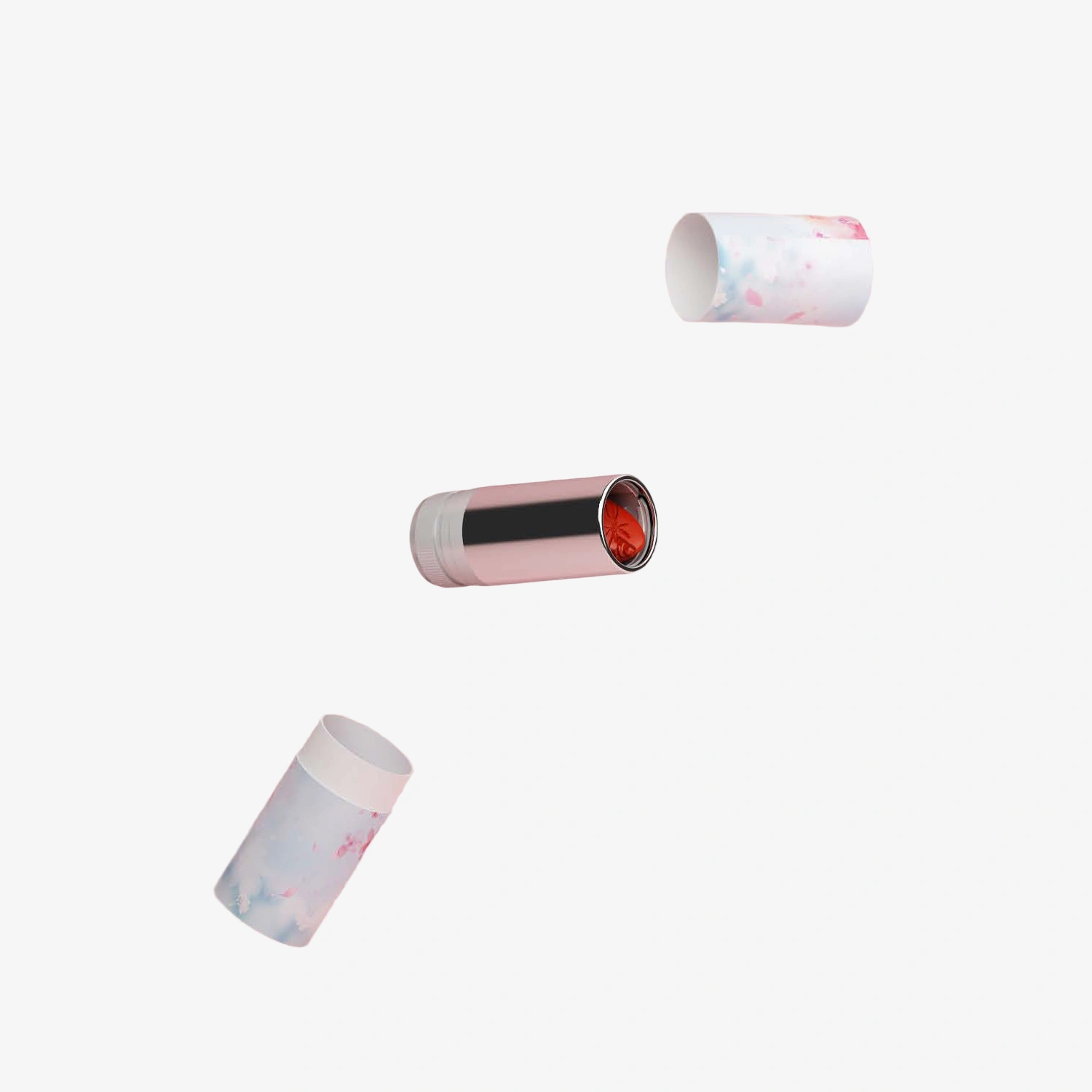 YR1035 refillable lipstick tube with its cap, refill assembly, and decorative outer shell separated