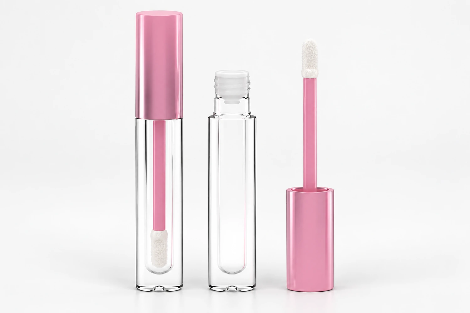 Envase redondo esbelto de brillo de labios Sambound YR7075, cerrado, abierto y con el conjunto aplicador extraído