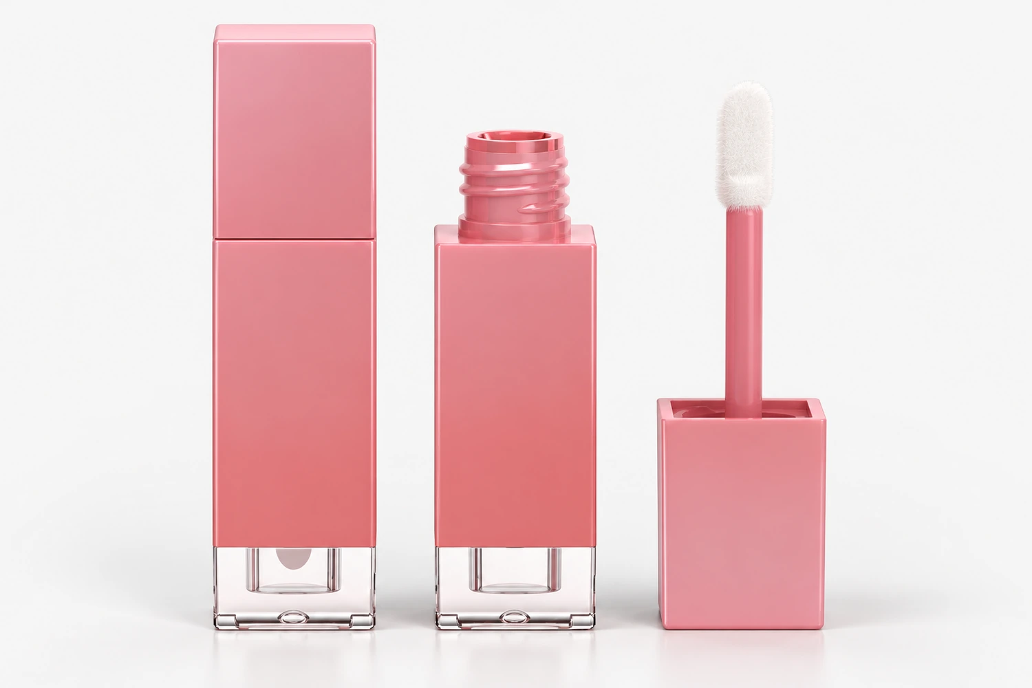 Envase cuadrado rosa de brillo de labios Sambound YR7101B, cerrado, abierto y con el conjunto aplicador extraído