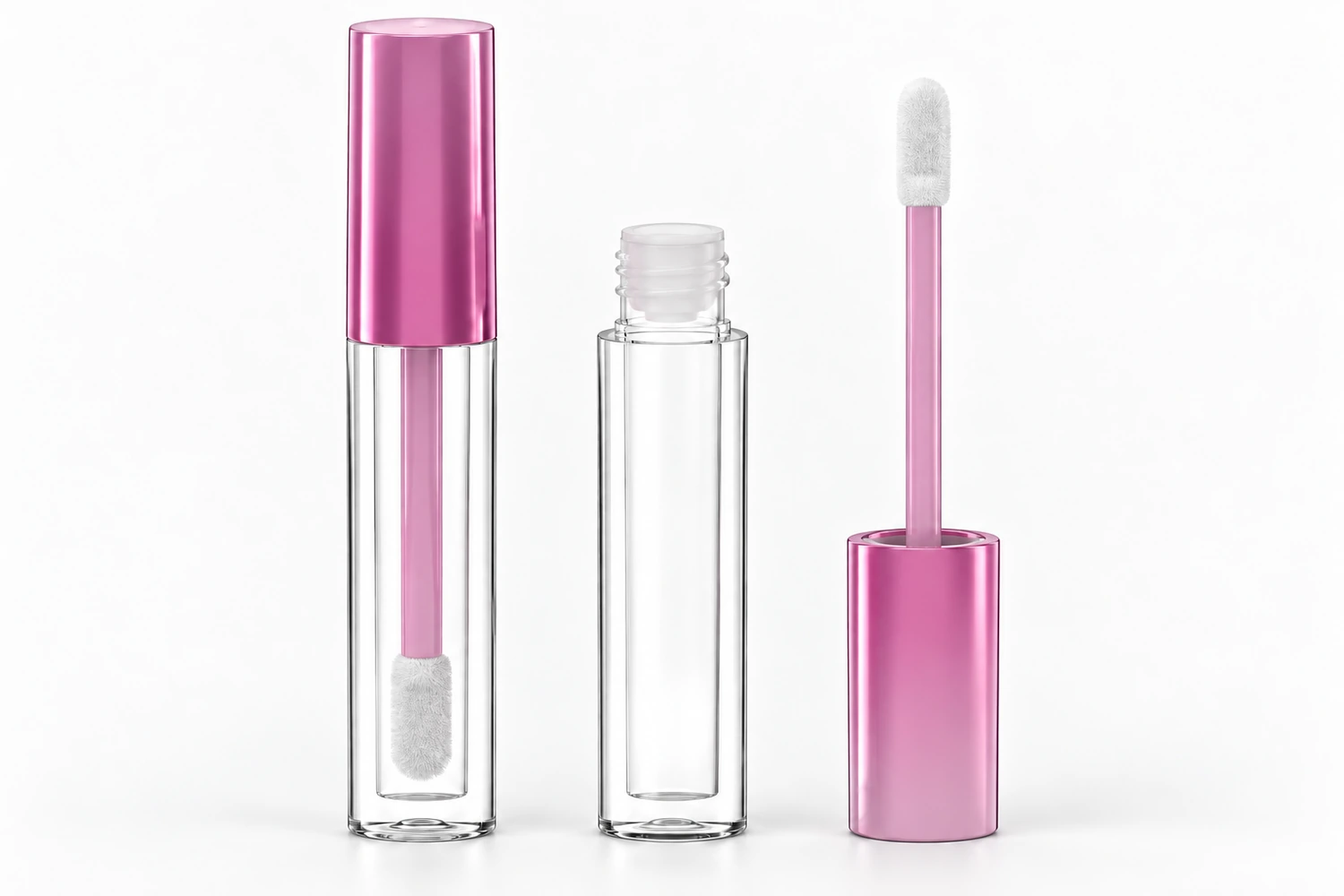 Envase redondo transparente de brillo de labios Sambound YR7158, cerrado, abierto y con el conjunto aplicador extraído